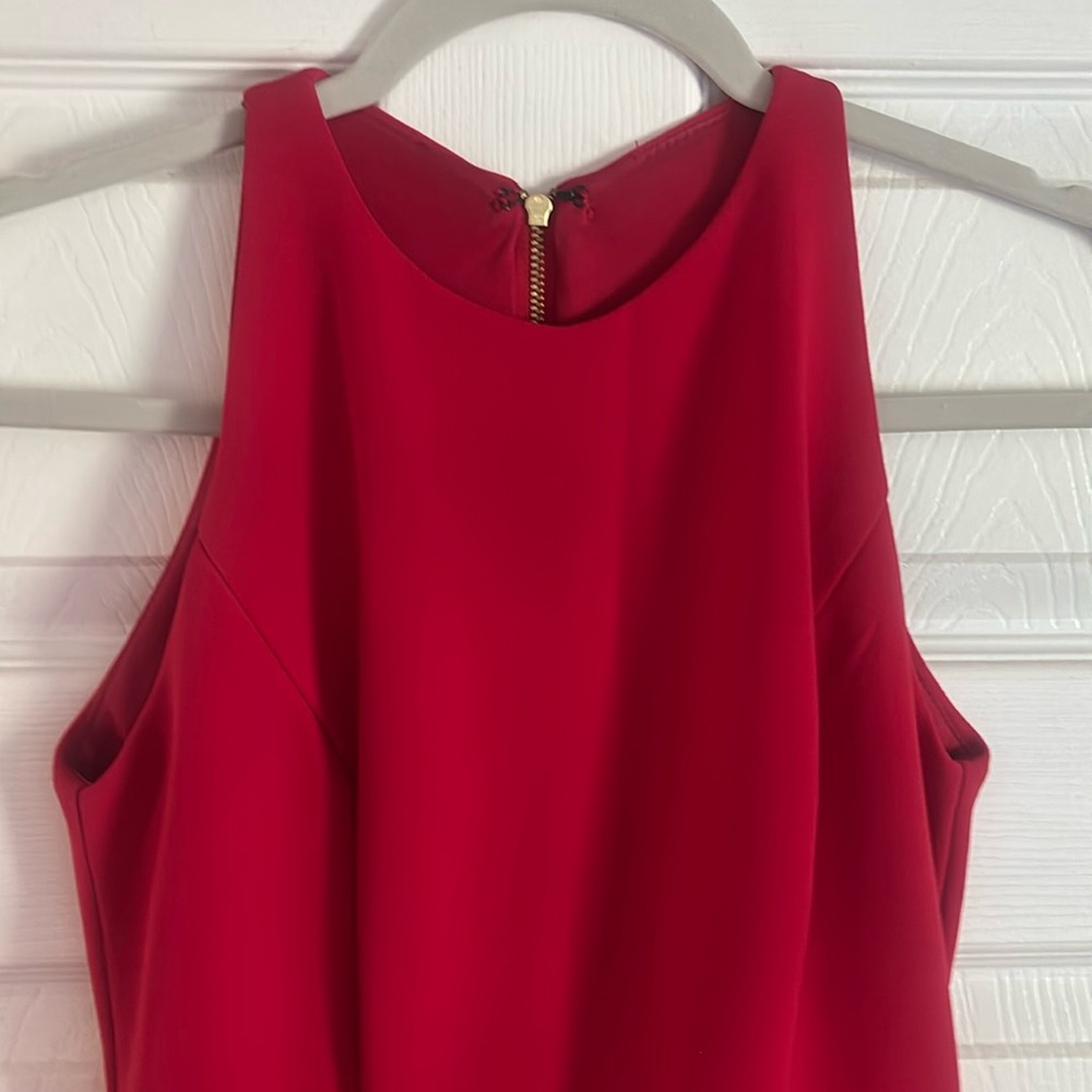 Betsy & Adam Red Asymmetrical Ruffled Halter Gown - Picture 6 of 9
